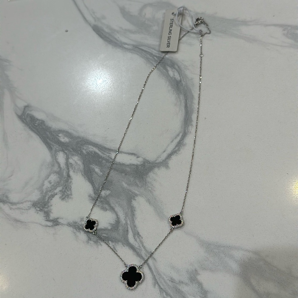 177: Rachel Zoe black silver clover sterling silver necklace - Picture 2 of 2